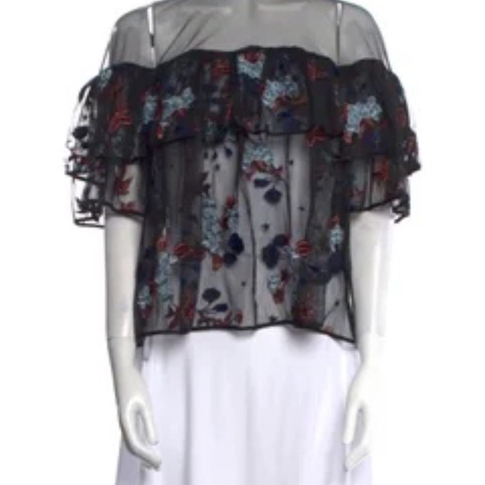 Cinq a Sept Floral Embroidered Black Sheer Top